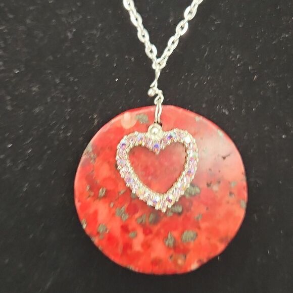 Repurposed Handcrafted Silver link chain with red stone and pink rhineston heart - Picture 9 of 9